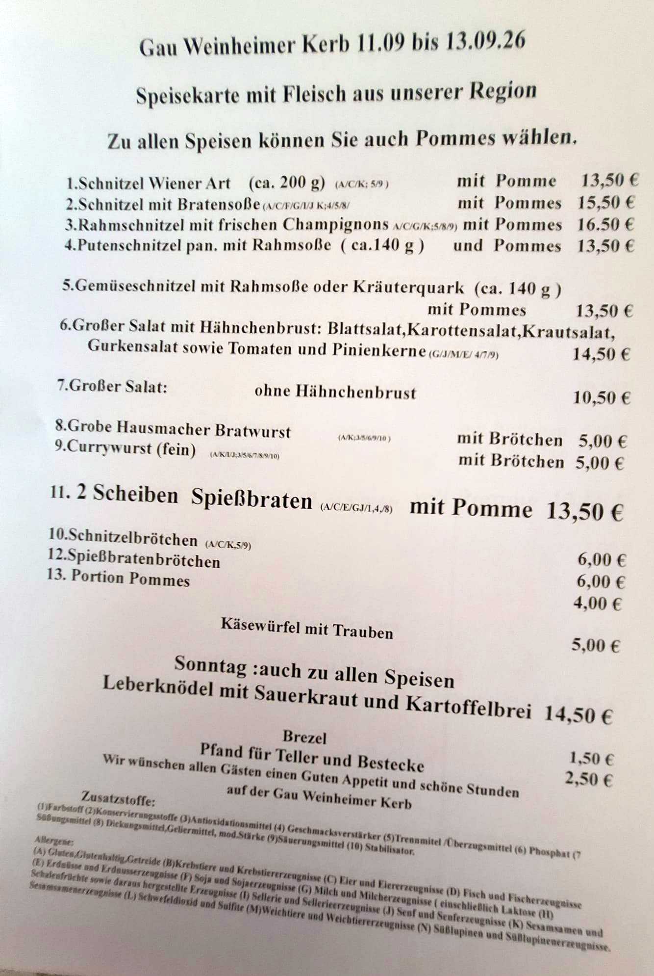Speisekarte Gau-Weinheimer Kerb